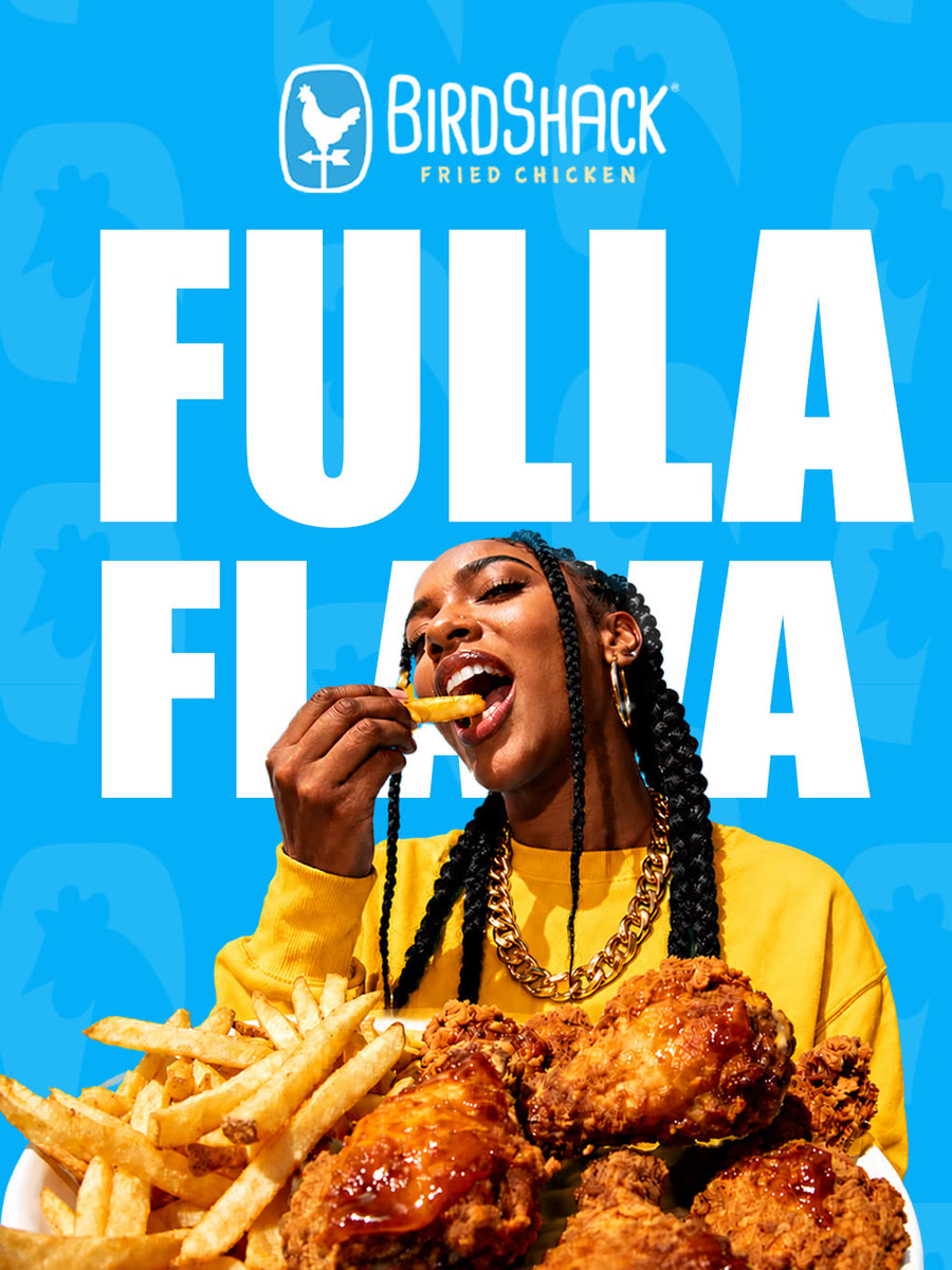 Bird Shack social ad: a woman eating fried chicken under the headline Fulla Flava