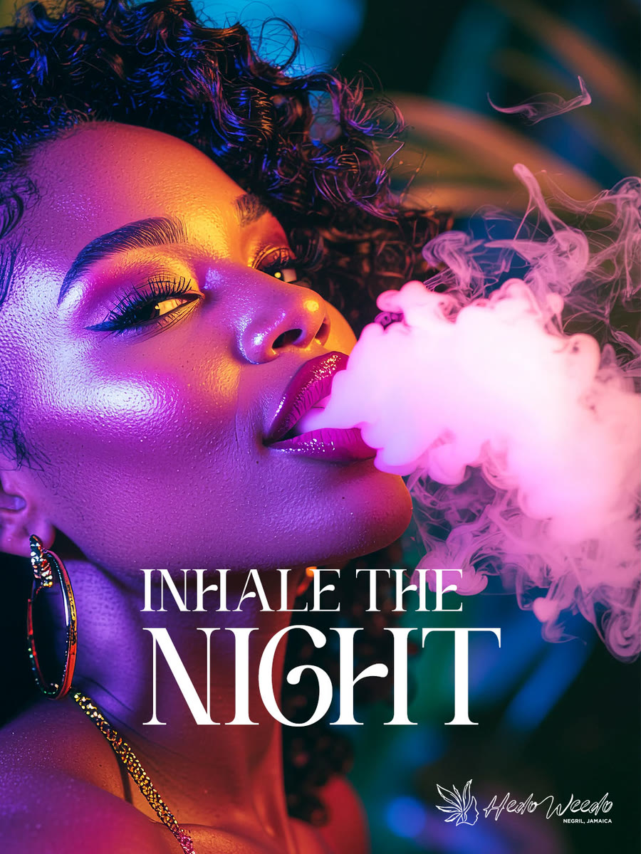 HedoWeedo poster: a woman exhaling pink smoke with the line Inhale the Night