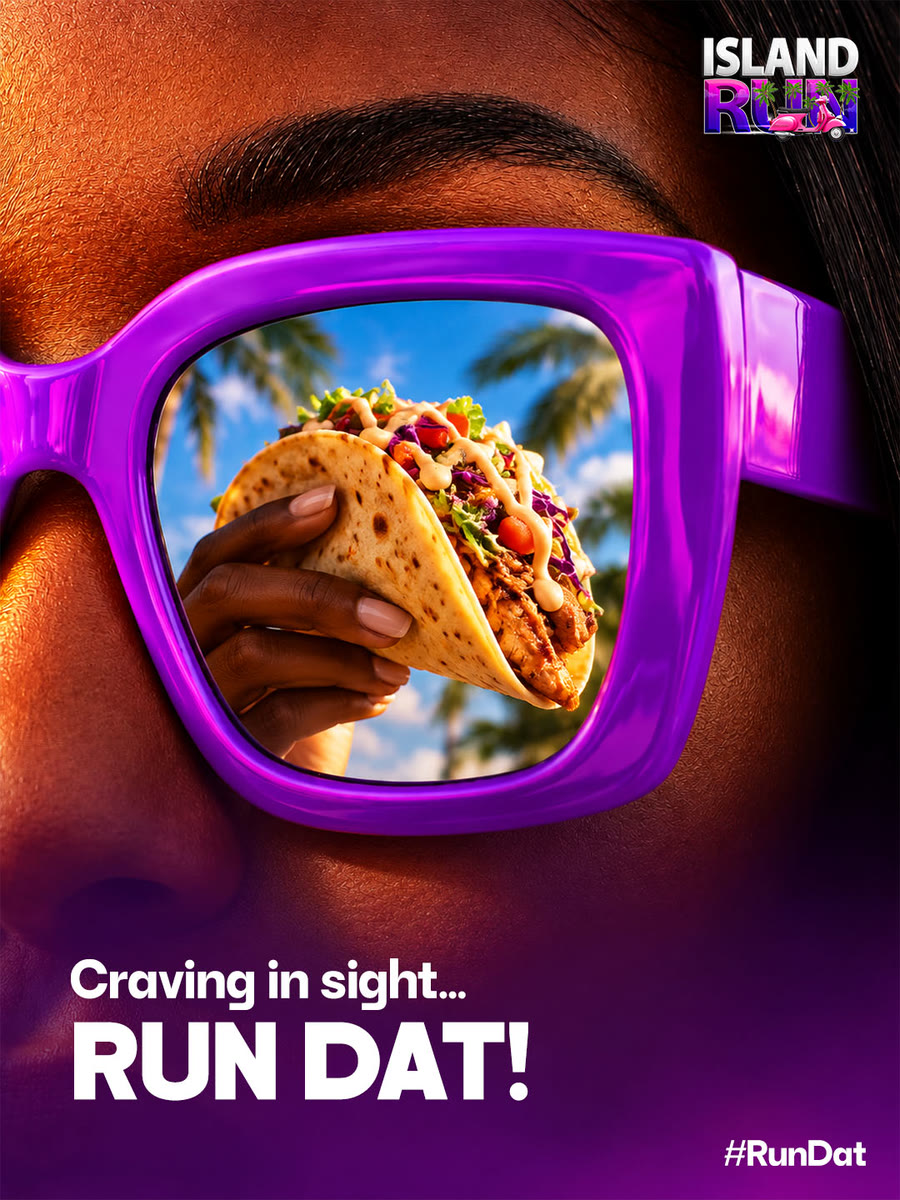 Island Run social ad: a taco reflected in purple sunglasses with the line Craving in sight, Run Dat!