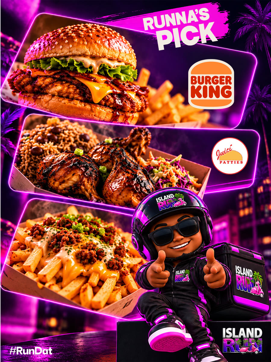 Island Run social post: Runna's Pick featuring burgers, chicken and fries with the Island Run rider mascot